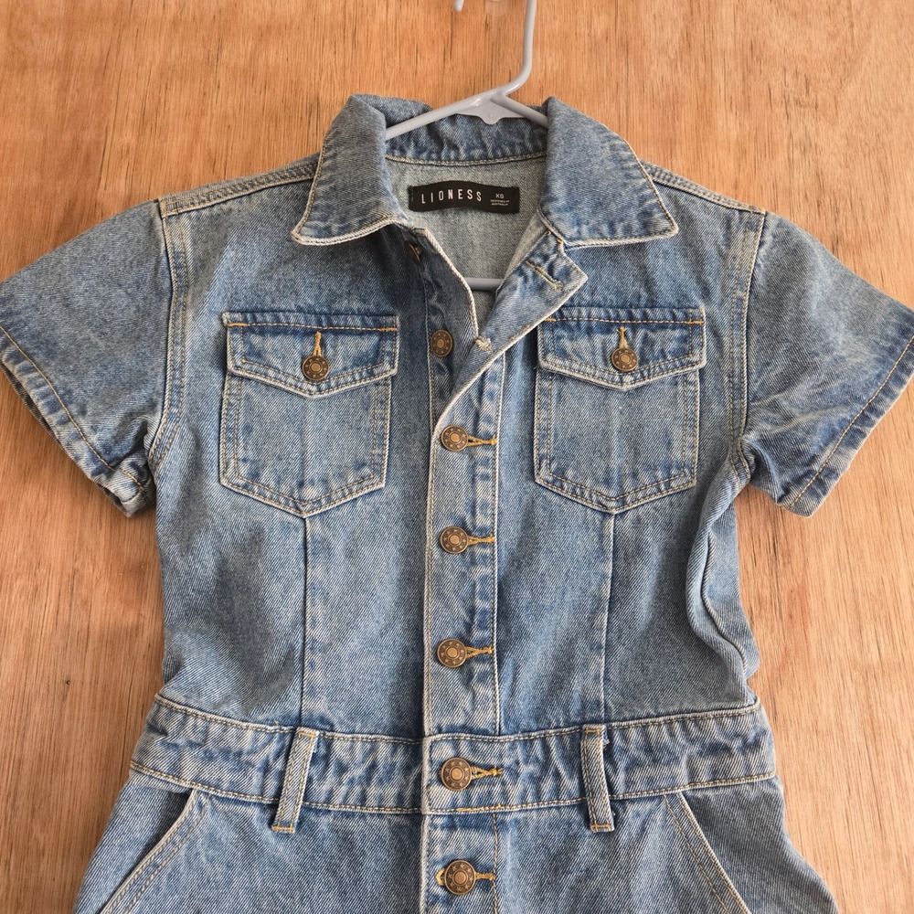 Lioness Denim Romper Light Wash Blue Short Sleeve Button Front Utility XS